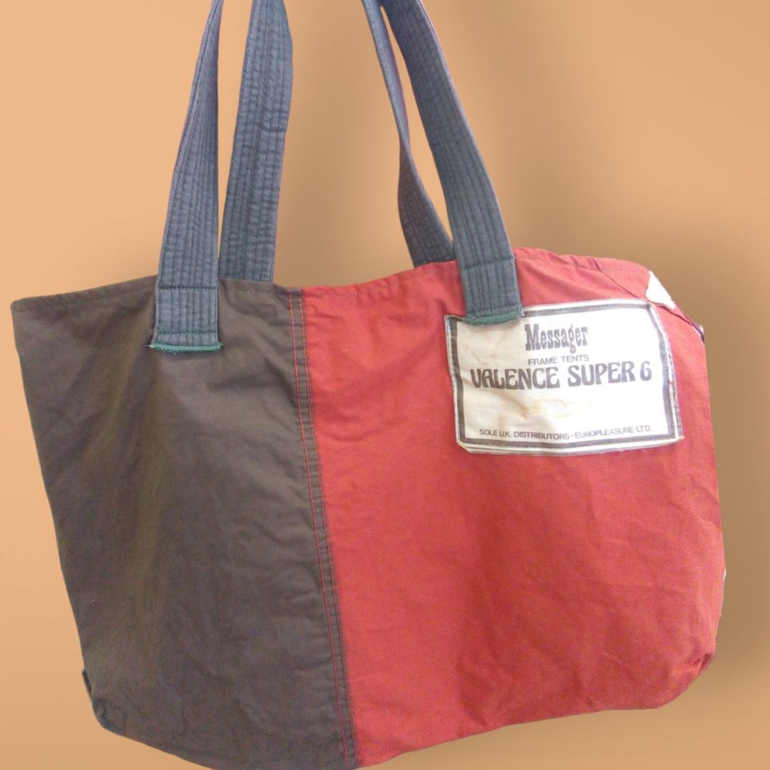 grey and red handmade fabric shopping bag